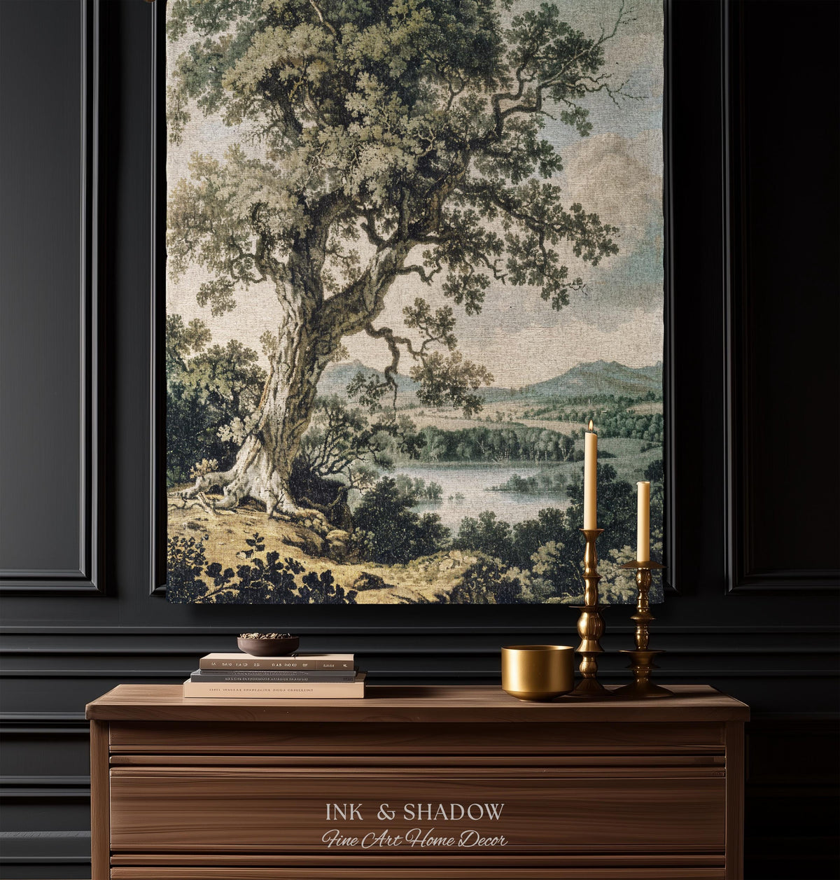 Timeless Oak River Valley Landscape Woven Tapestry Wall Art | Old World European Countryside Waterside Pastoral Heritage Home Textile Decor
