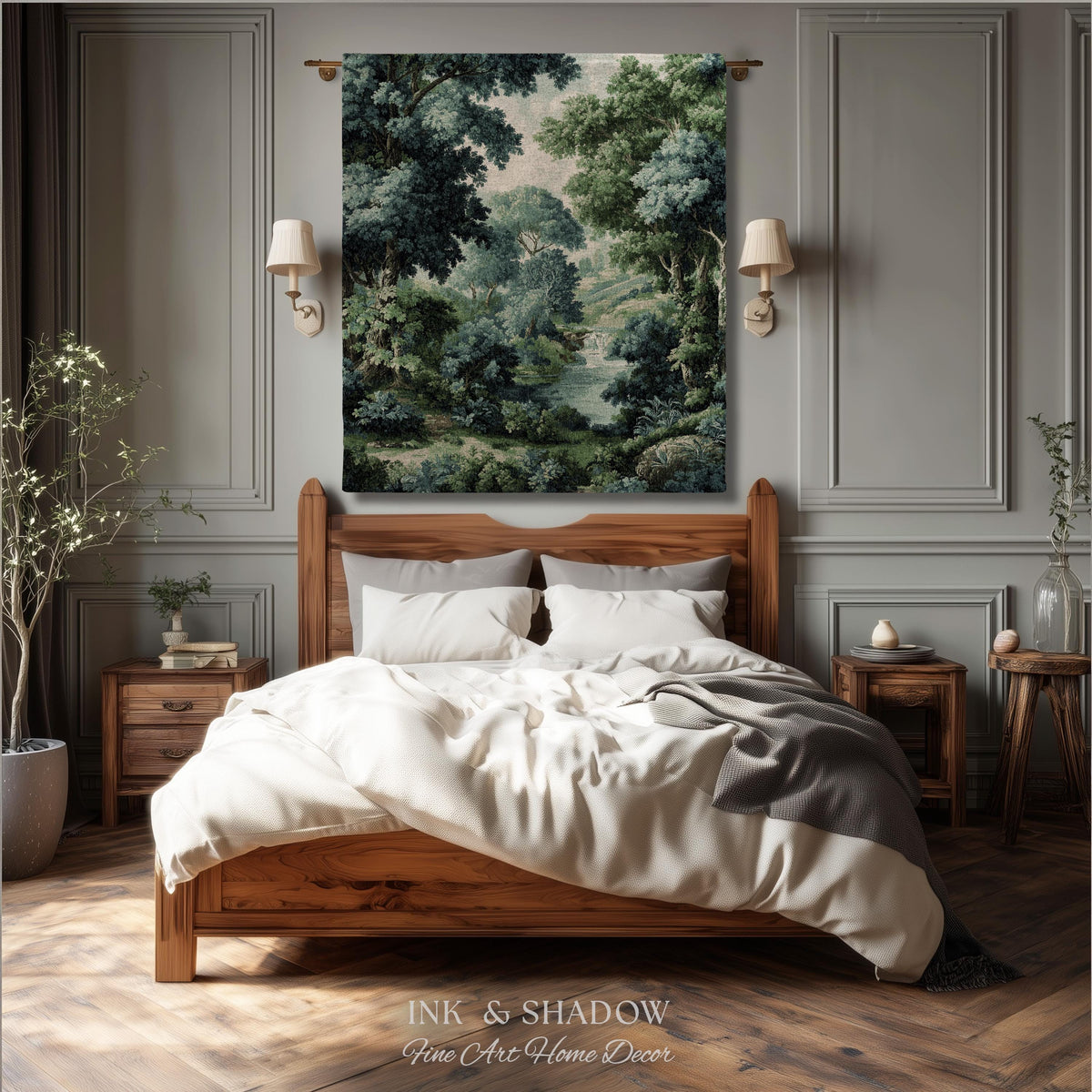 Verdant Forest Stream Landscape Woven Tapestry Wall Art | Romantic Woodland Waterway Scenic Verdure Nature Textile Traditional Home Decor