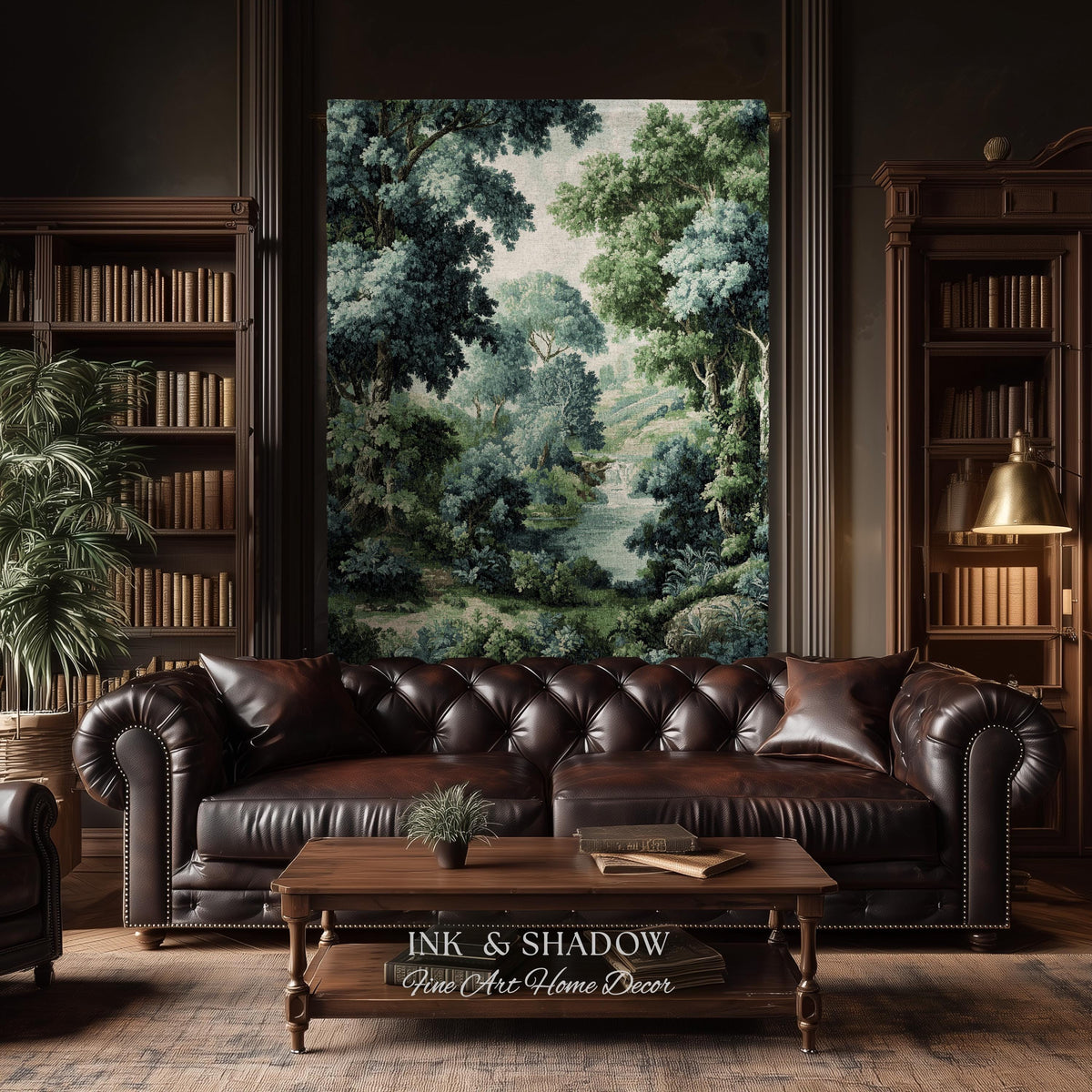 Verdant Forest Stream Landscape Woven Tapestry Wall Art | Romantic Woodland Waterway Scenic Verdure Nature Textile Traditional Home Decor