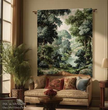 Verdant Forest Stream Landscape Woven Tapestry Wall Art | Romantic Woodland Waterway Scenic Verdure Nature Textile Traditional Home Decor