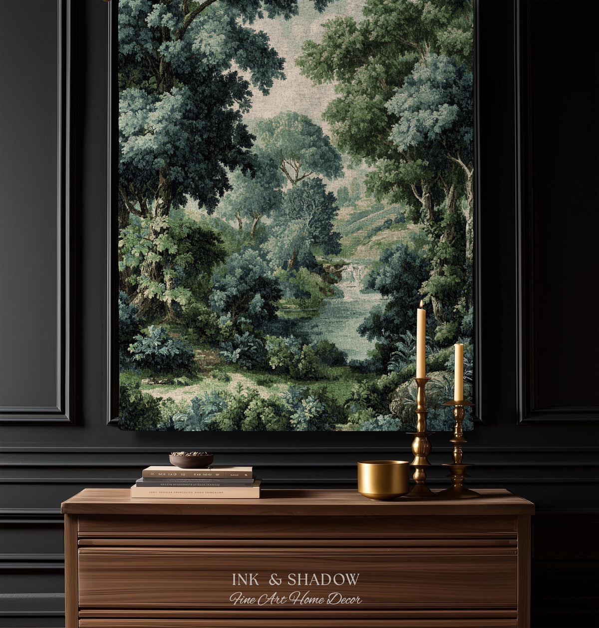 Verdant Forest Stream Landscape Woven Tapestry Wall Art | Romantic Woodland Waterway Scenic Verdure Nature Textile Traditional Home Decor