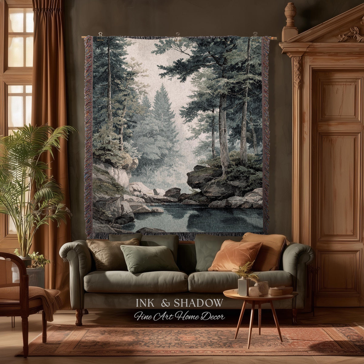 Misty Pine Forest Pool Landscape Woven Tapestry Wall Hanging | Rocky Woodland River Scene Traditional Nature Textile Old World Heritage Art