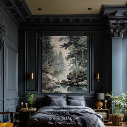 Misty Pine Forest Pool Landscape Woven Tapestry Wall Hanging | Rocky Woodland River Scene Traditional Nature Textile Old World Heritage Art