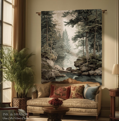 Misty Pine Forest Pool Landscape Woven Tapestry Wall Hanging | Rocky Woodland River Scene Traditional Nature Textile Old World Heritage Art
