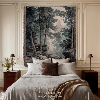Serene Misty Evergreen Woodland Waterscape Tapestry Wall Hanging | Foggy Forest Pool Rocky River Scene Rustic Elegance Timeless Woven Art