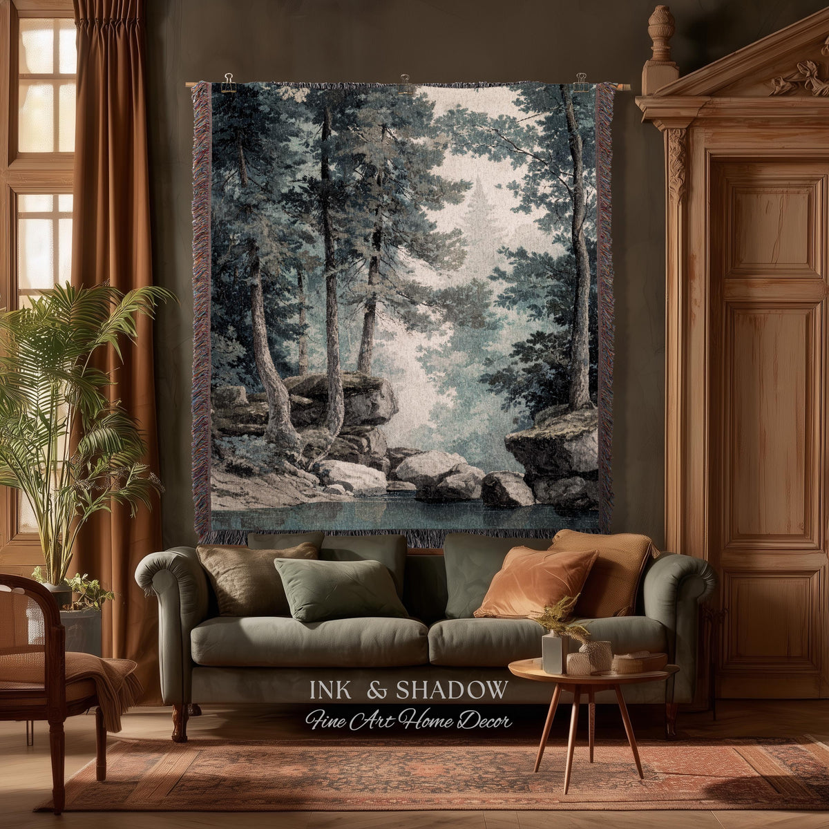 Serene Misty Evergreen Woodland Waterscape Tapestry Wall Hanging | Foggy Forest Pool Rocky River Scene Rustic Elegance Timeless Woven Art