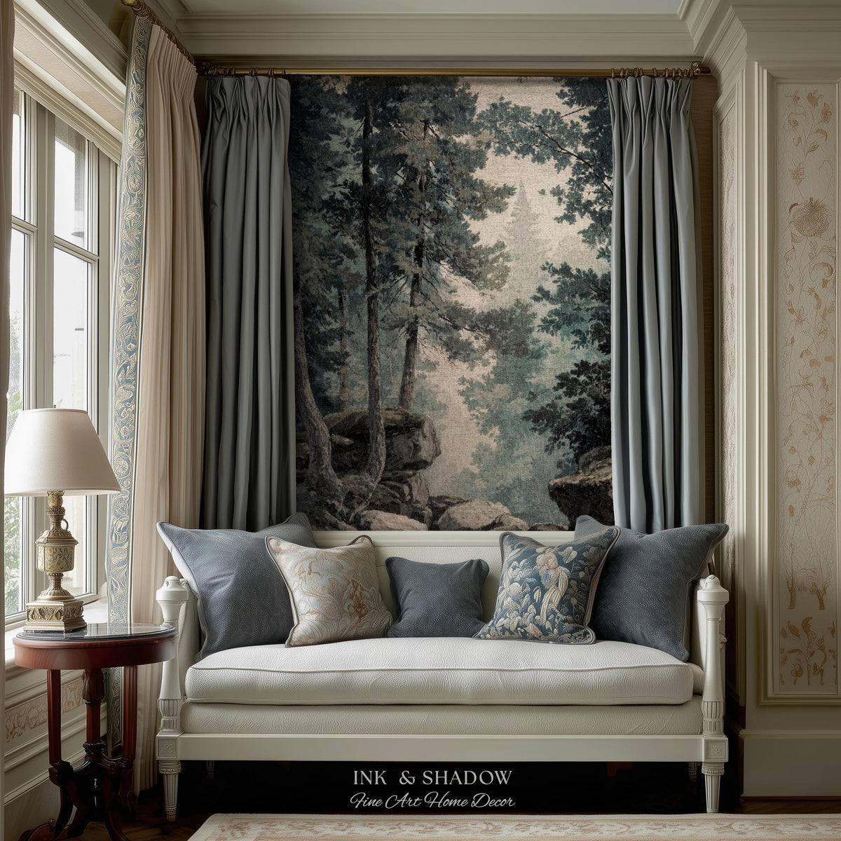 Serene Misty Evergreen Woodland Waterscape Tapestry Wall Hanging | Foggy Forest Pool Rocky River Scene Rustic Elegance Timeless Woven Art