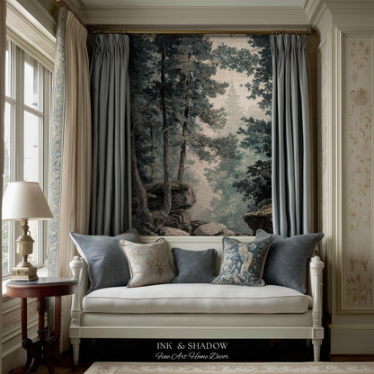 Serene Misty Evergreen Woodland Waterscape Tapestry Wall Hanging | Foggy Forest Pool Rocky River Scene Rustic Elegance Timeless Woven Art
