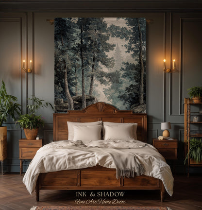 Serene Misty Evergreen Woodland Waterscape Tapestry Wall Hanging | Foggy Forest Pool Rocky River Scene Rustic Elegance Timeless Woven Art
