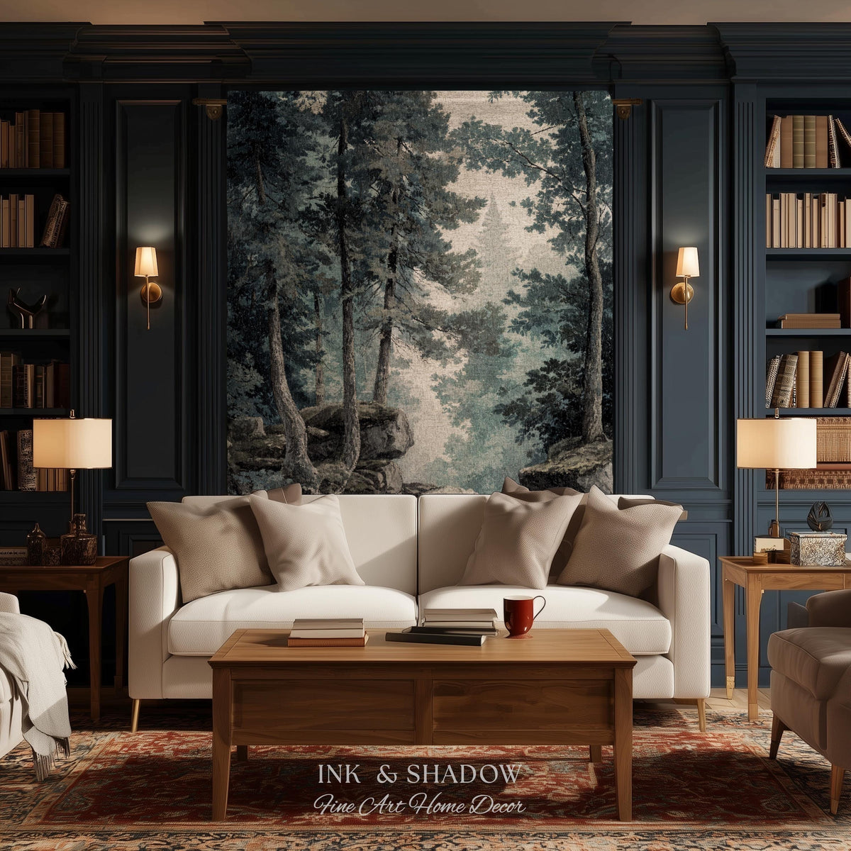 Serene Misty Evergreen Woodland Waterscape Tapestry Wall Hanging | Foggy Forest Pool Rocky River Scene Rustic Elegance Timeless Woven Art