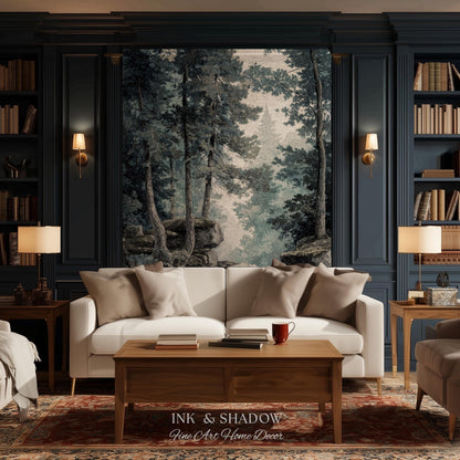 Serene Misty Evergreen Woodland Waterscape Tapestry Wall Hanging | Foggy Forest Pool Rocky River Scene Rustic Elegance Timeless Woven Art