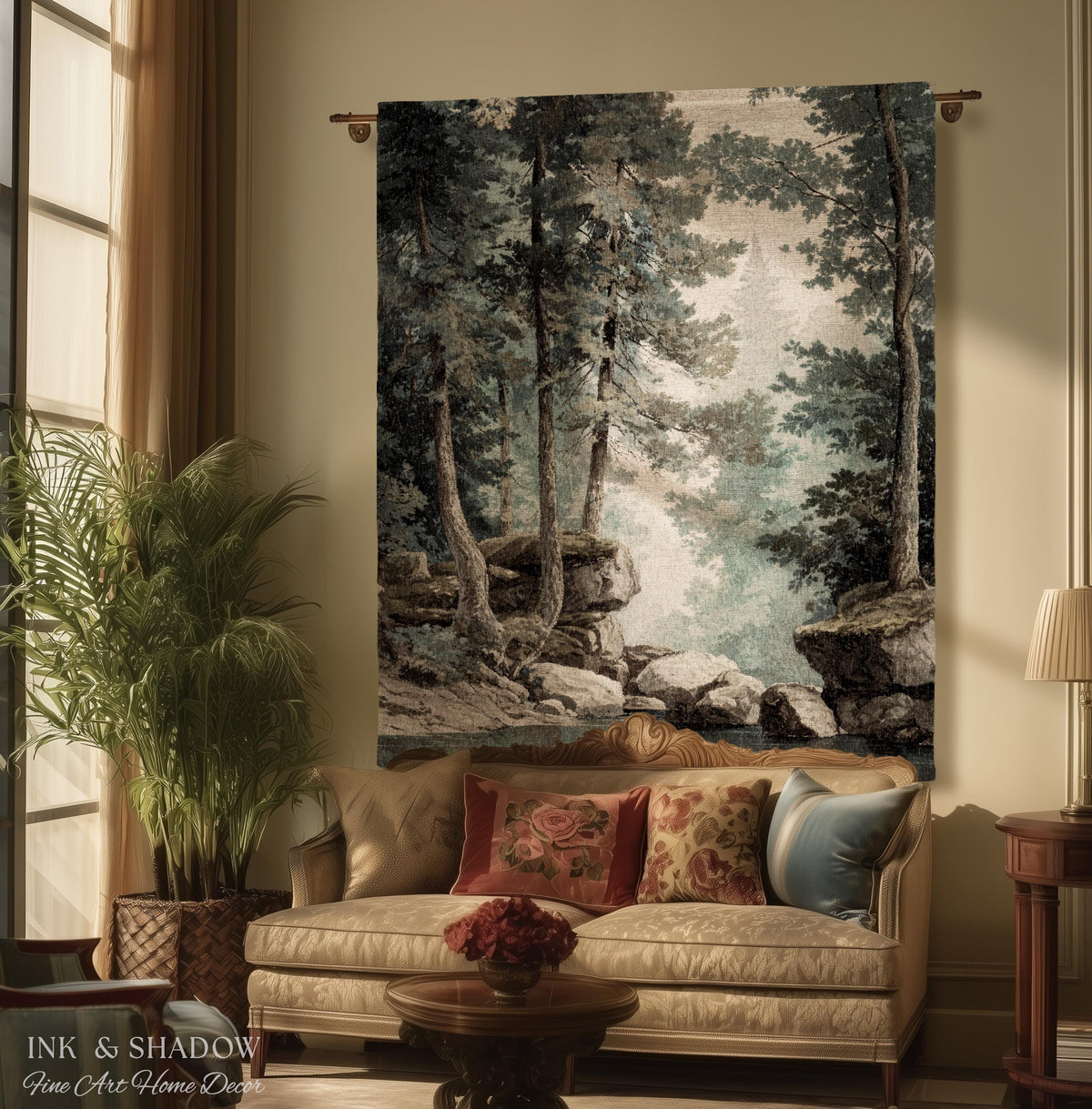 Serene Misty Evergreen Woodland Waterscape Tapestry Wall Hanging | Foggy Forest Pool Rocky River Scene Rustic Elegance Timeless Woven Art