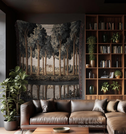Elegant Estate Landscape Reflection Tall Tree Lined Path Tapestry Art | Classical Country Manor Waterside Grove Textile Woven Wall Hanging