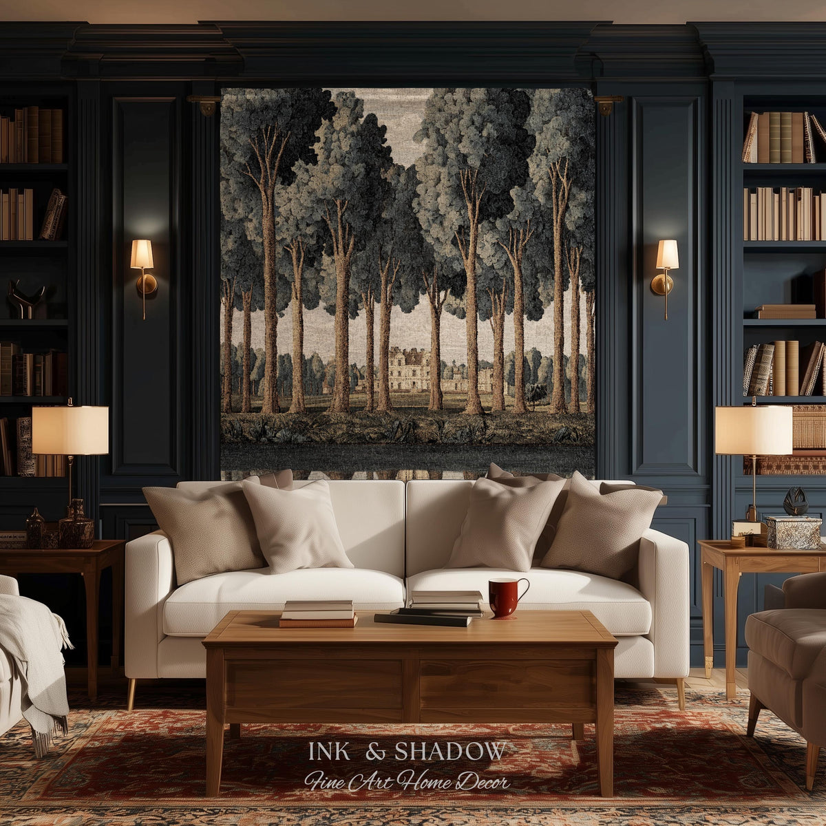 Elegant Estate Landscape Reflection Tall Tree Lined Path Tapestry Art | Classical Country Manor Waterside Grove Textile Woven Wall Hanging