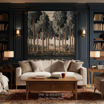 Elegant Estate Landscape Reflection Tall Tree Lined Path Tapestry Art | Classical Country Manor Waterside Grove Textile Woven Wall Hanging