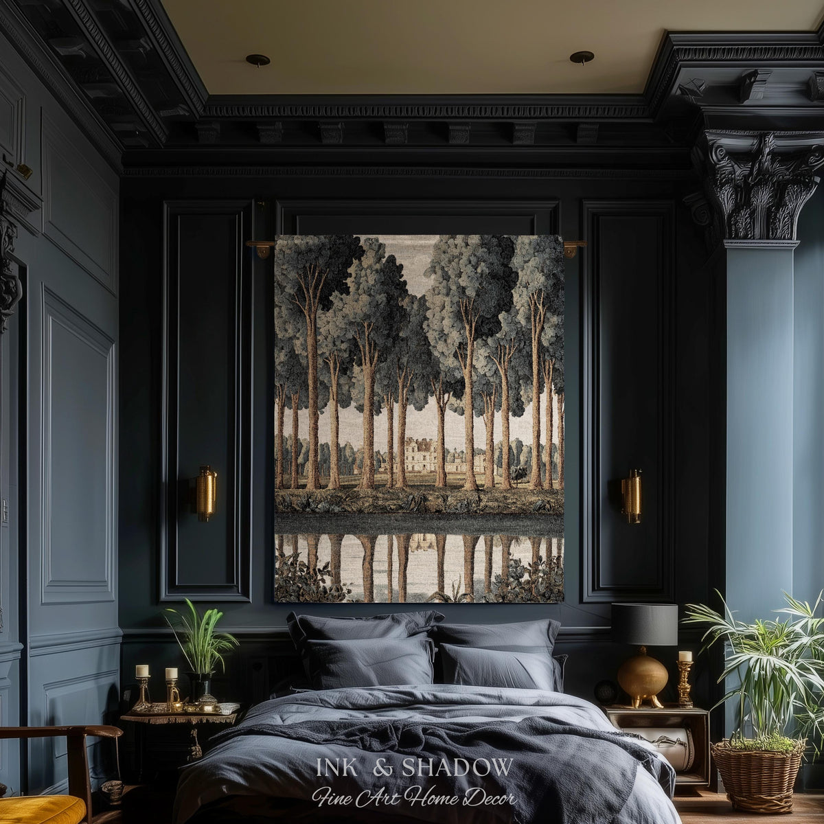 Elegant Estate Landscape Reflection Tall Tree Lined Path Tapestry Art | Classical Country Manor Waterside Grove Textile Woven Wall Hanging
