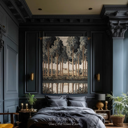 Elegant Estate Landscape Reflection Tall Tree Lined Path Tapestry Art | Classical Country Manor Waterside Grove Textile Woven Wall Hanging
