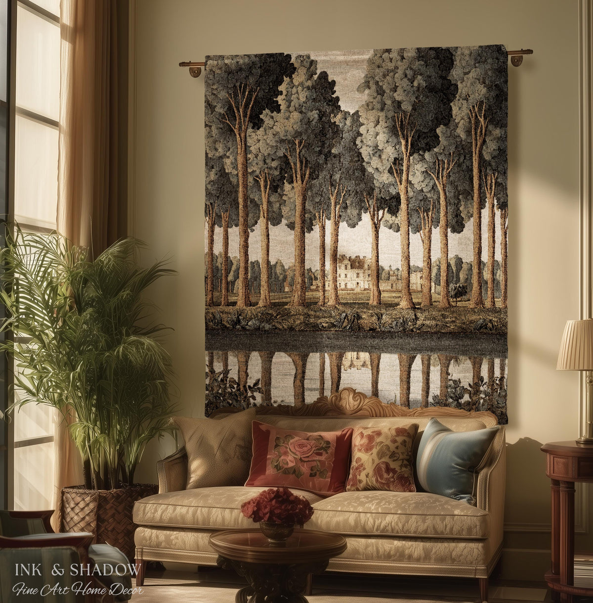 Elegant Estate Landscape Reflection Tall Tree Lined Path Tapestry Art | Classical Country Manor Waterside Grove Textile Woven Wall Hanging