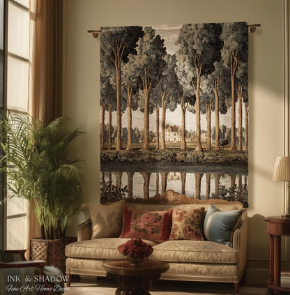 Elegant Estate Landscape Reflection Tall Tree Lined Path Tapestry Art | Classical Country Manor Waterside Grove Textile Woven Wall Hanging