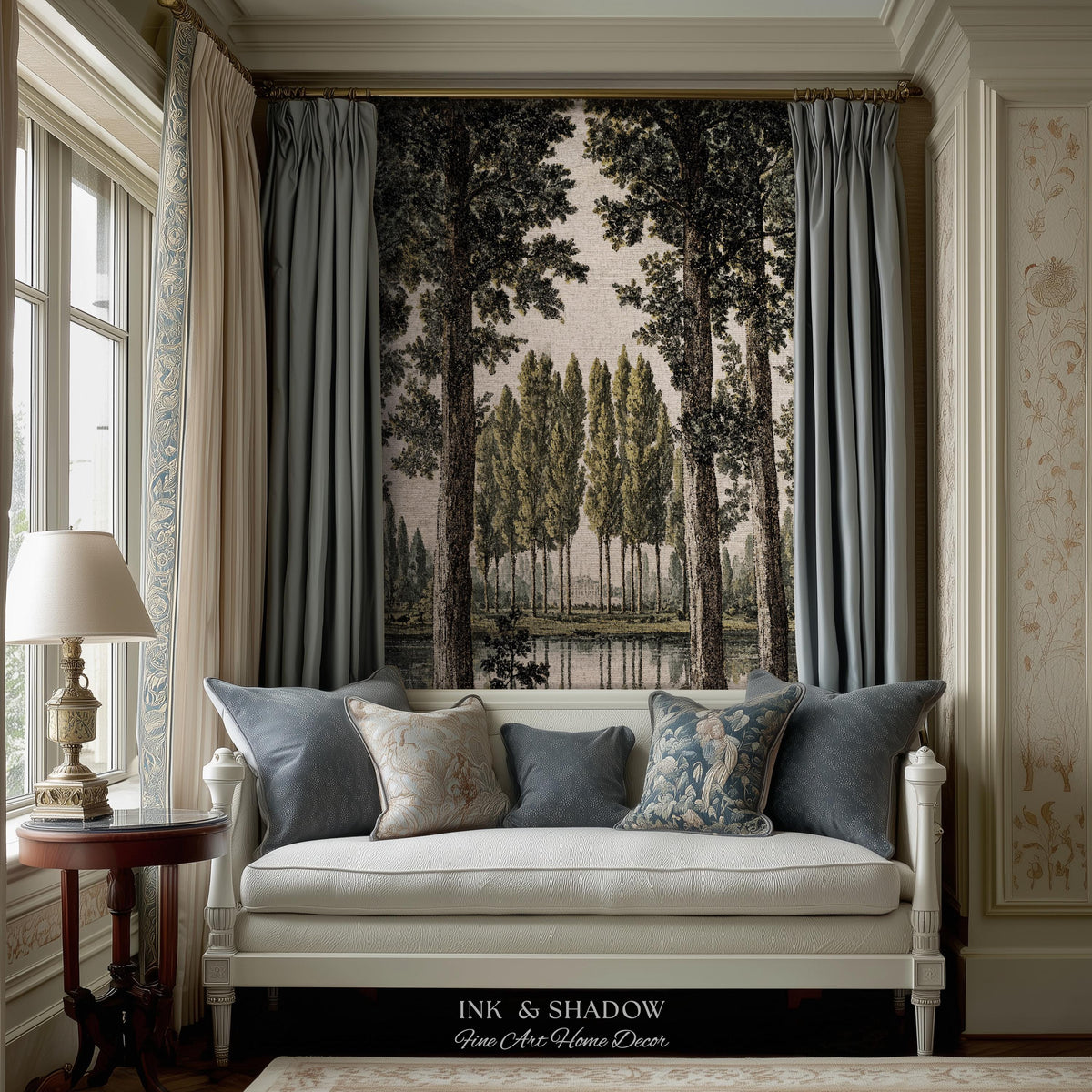 Quiet Luxury Traditional Manor Landscape Reflecting Pond Tapestry | Classic Estate Scenic Colonnade Grove of Trees Woven Textile Wall Art