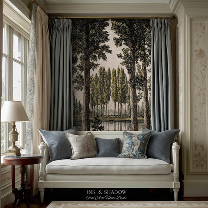 Quiet Luxury Traditional Manor Landscape Reflecting Pond Tapestry | Classic Estate Scenic Colonnade Grove of Trees Woven Textile Wall Art