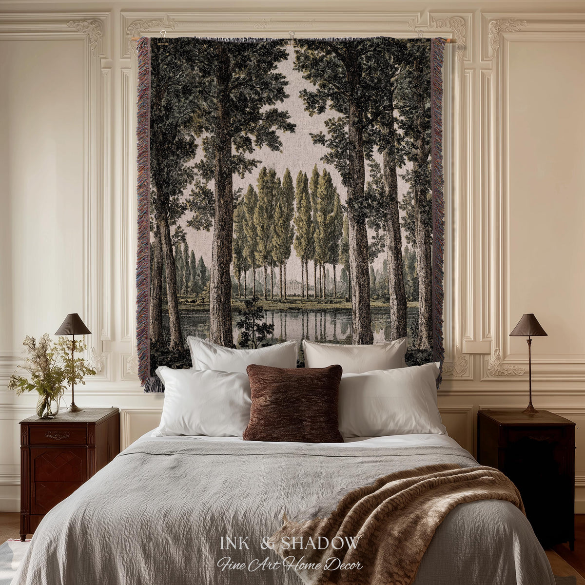 Quiet Luxury Traditional Manor Landscape Reflecting Pond Tapestry | Classic Estate Scenic Colonnade Grove of Trees Woven Textile Wall Art