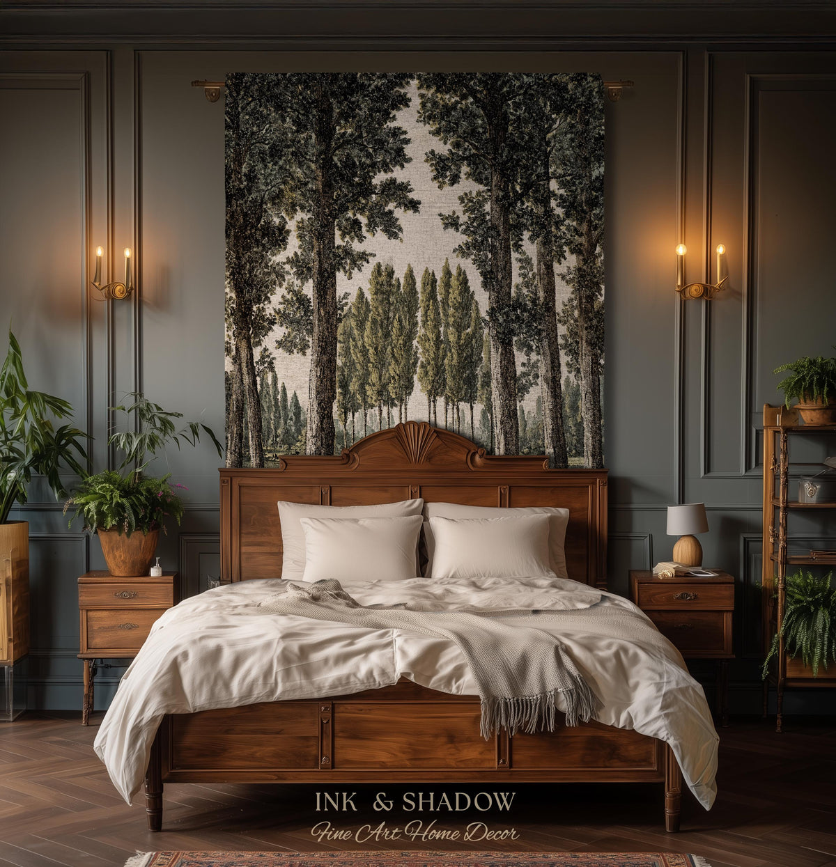 Quiet Luxury Traditional Manor Landscape Reflecting Pond Tapestry | Classic Estate Scenic Colonnade Grove of Trees Woven Textile Wall Art