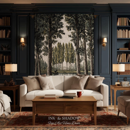 Quiet Luxury Traditional Manor Landscape Reflecting Pond Tapestry | Classic Estate Scenic Colonnade Grove of Trees Woven Textile Wall Art