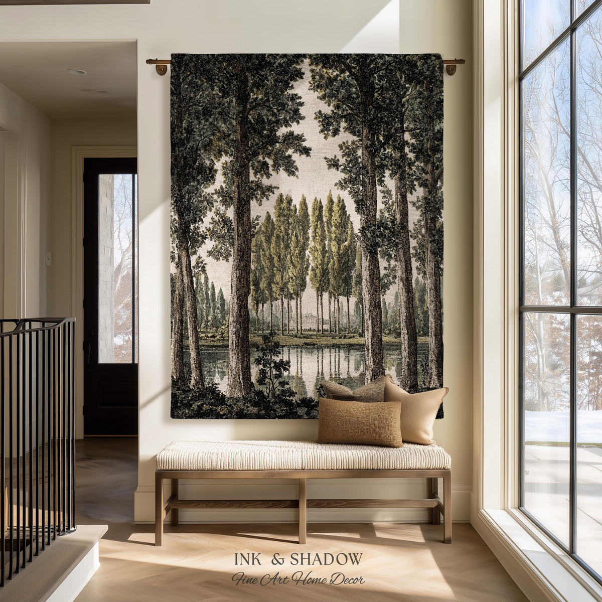 Quiet Luxury Traditional Manor Landscape Reflecting Pond Tapestry | Classic Estate Scenic Colonnade Grove of Trees Woven Textile Wall Art