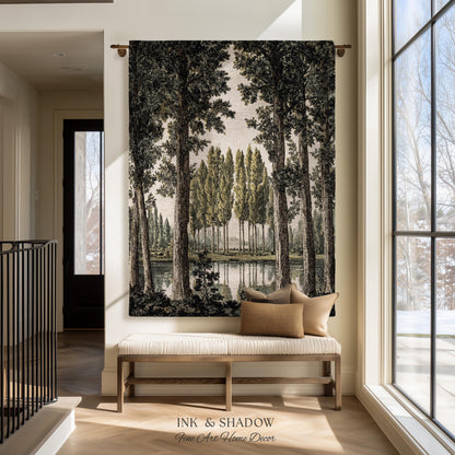 Quiet Luxury Traditional Manor Landscape Reflecting Pond Tapestry | Classic Estate Scenic Colonnade Grove of Trees Woven Textile Wall Art
