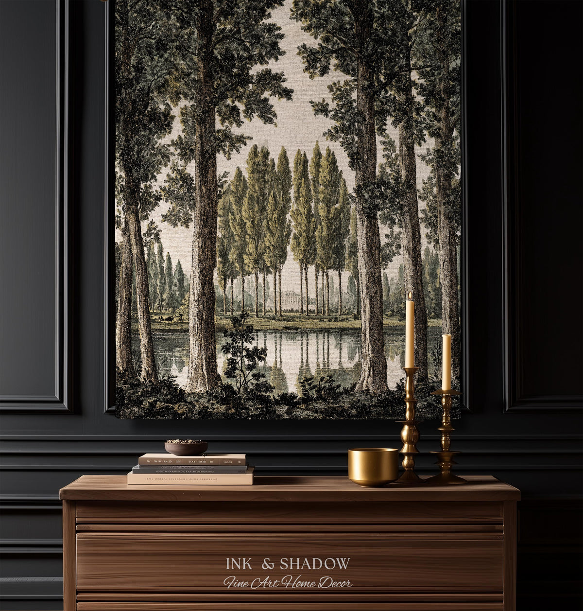 Quiet Luxury Traditional Manor Landscape Reflecting Pond Tapestry | Classic Estate Scenic Colonnade Grove of Trees Woven Textile Wall Art