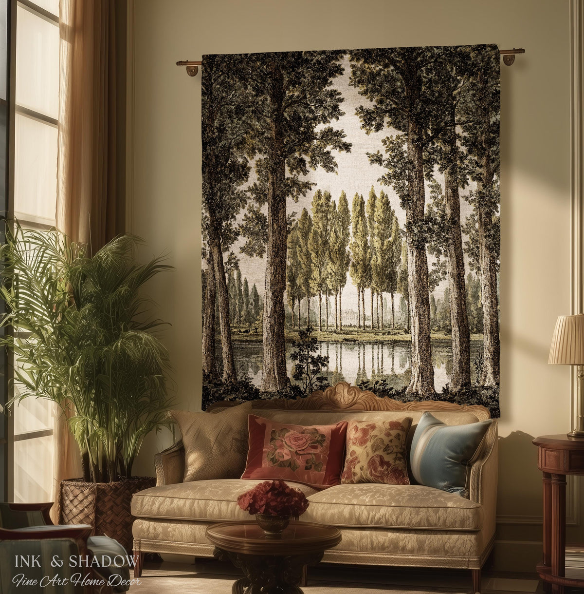 Quiet Luxury Traditional Manor Landscape Reflecting Pond Tapestry | Classic Estate Scenic Colonnade Grove of Trees Woven Textile Wall Art