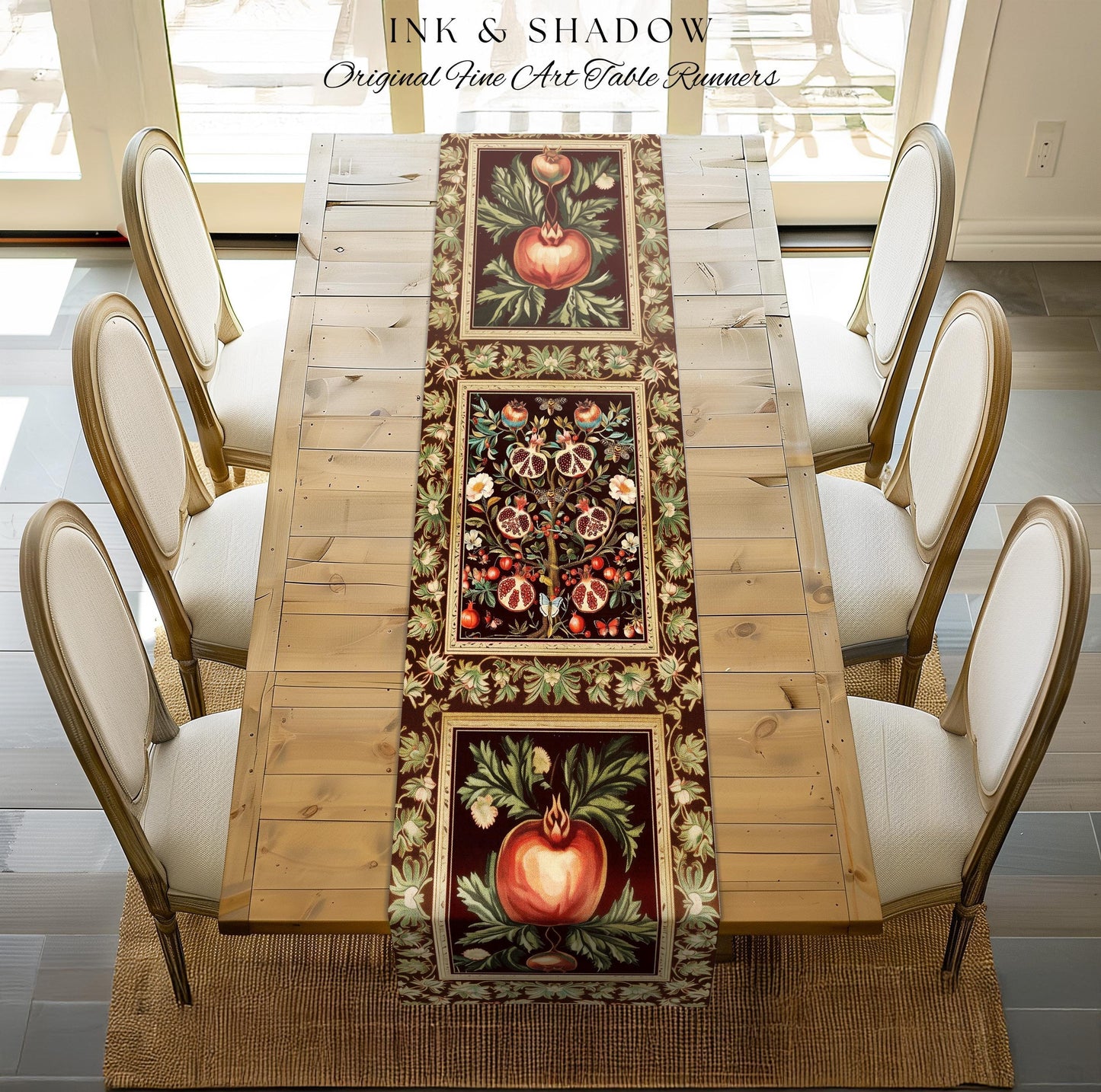Antique Aesthetic Pomegranate Enchanted Garden Table Runner | Dark Cottagecore Gothic Woodland Whimsy Floral Butterfly Moth Decor Witchy