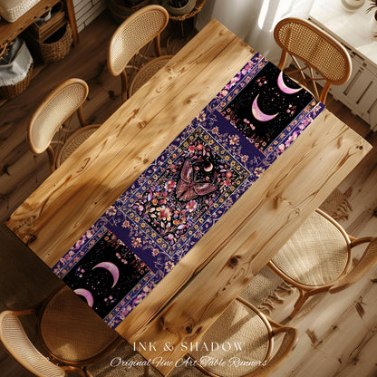 Witchy Botanical Moth Table Runner Whimsigothic Purple Floral Fairycore Aesthetic | Goth Cottagecore Butterfly Celestial Whimsy Dining Room