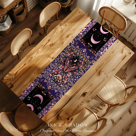 Witchy Botanical Moth Table Runner Whimsigothic Purple Floral Fairycore Aesthetic | Goth Cottagecore Butterfly Celestial Whimsy Dining Room