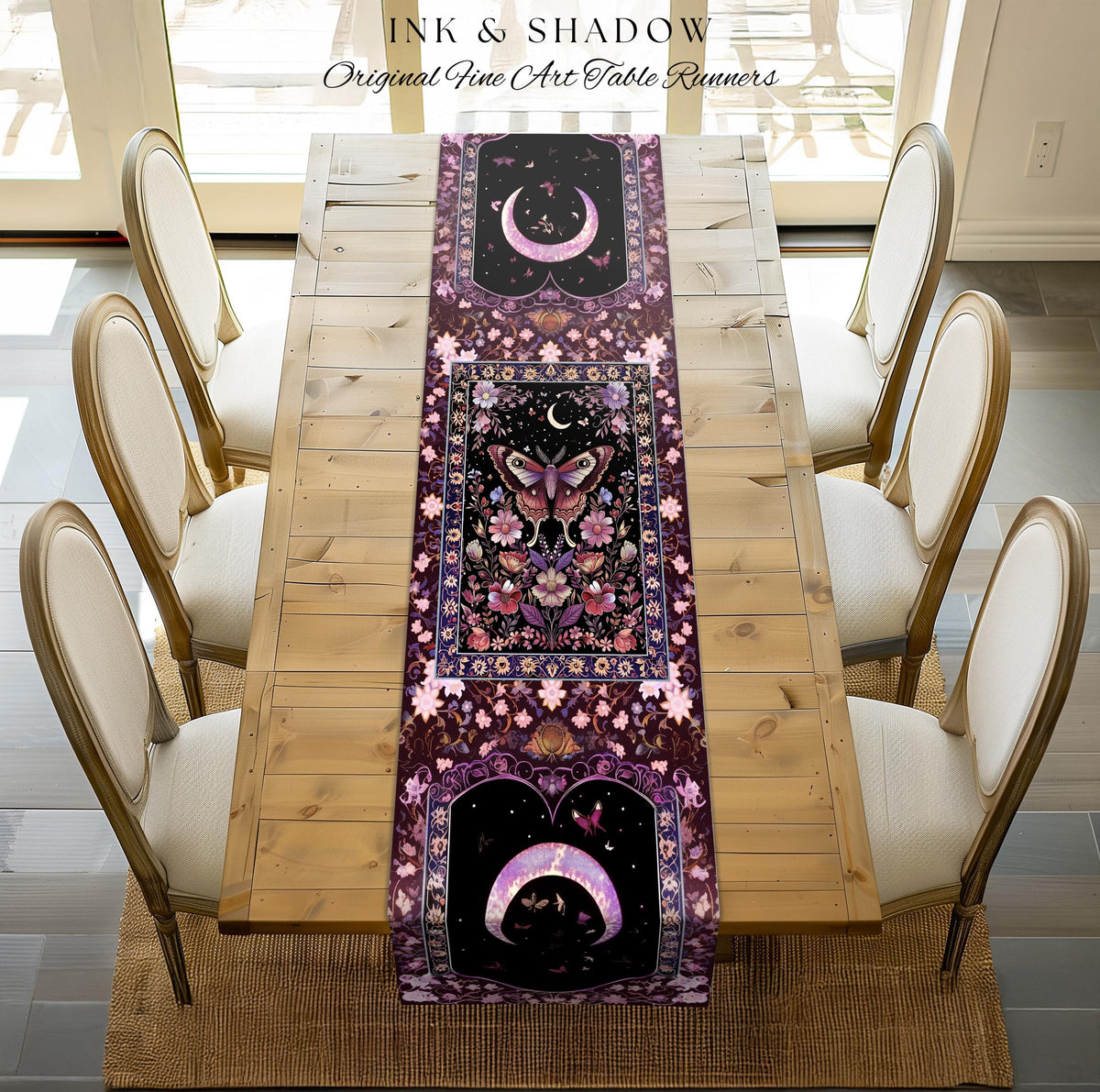 Purple Moth Celestial Table Runner Boho Fairycore Dark Floral Decor | Enchanted Goth Cottagecore Butterfly Lovers Moth Moon Whimsical Altar