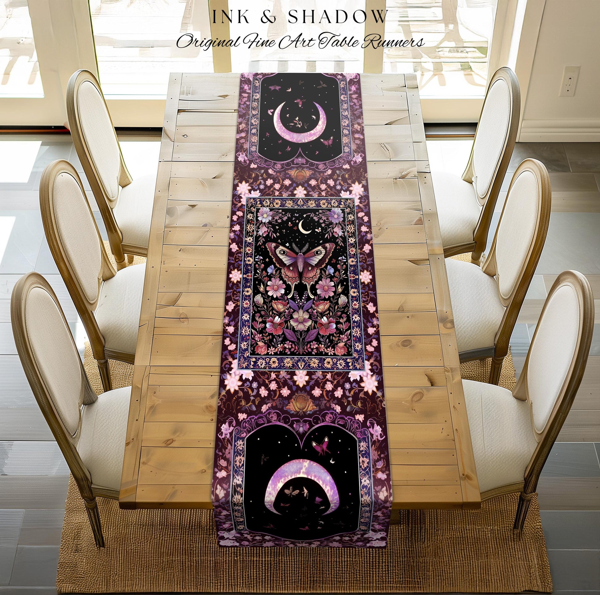 Purple Moth Celestial Table Runner Boho Fairycore Dark Floral Decor | Enchanted Goth Cottagecore Butterfly Lovers Moth Moon Whimsical Altar