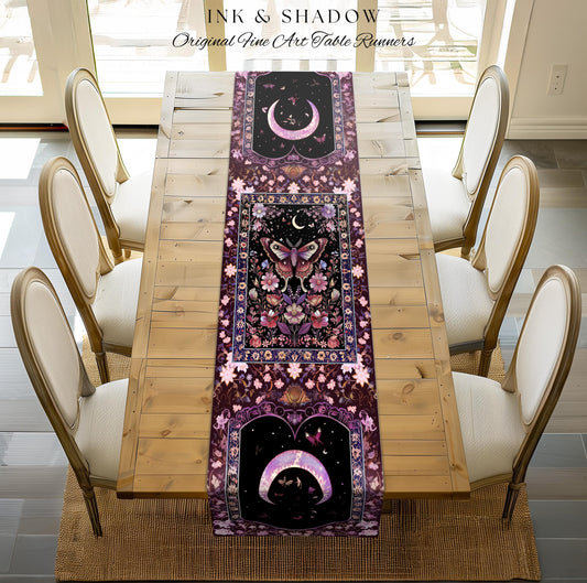 Purple Moth Celestial Table Runner Boho Fairycore Dark Floral Decor | Enchanted Goth Cottagecore Butterfly Lovers Moth Moon Whimsical Altar