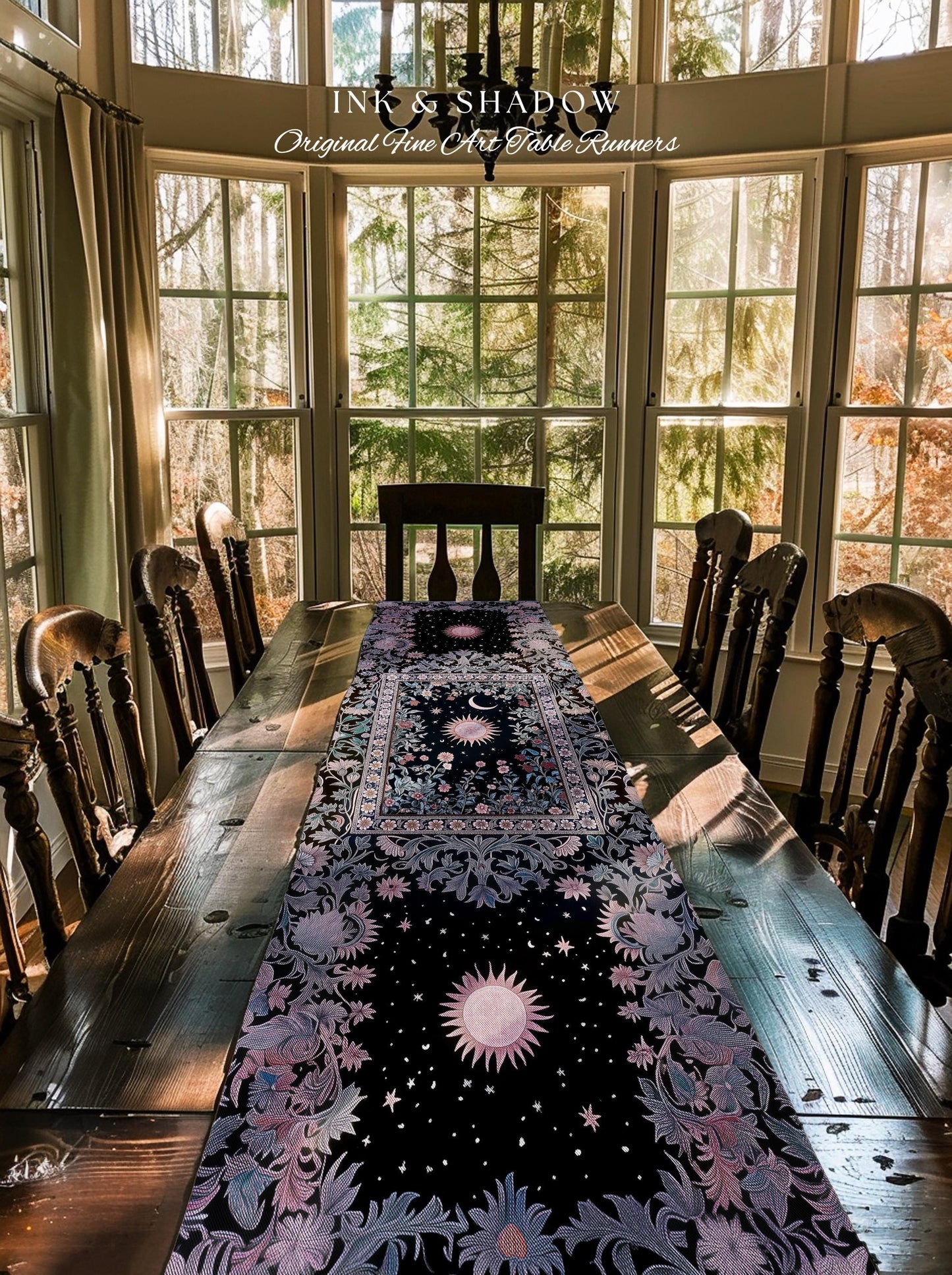Midnight Lavender Celestial Table Runner | Witchy Pastel Tarot-Inspired Dining Room Bohemian Sun and Moon Maximalist Astrology Purple Decor