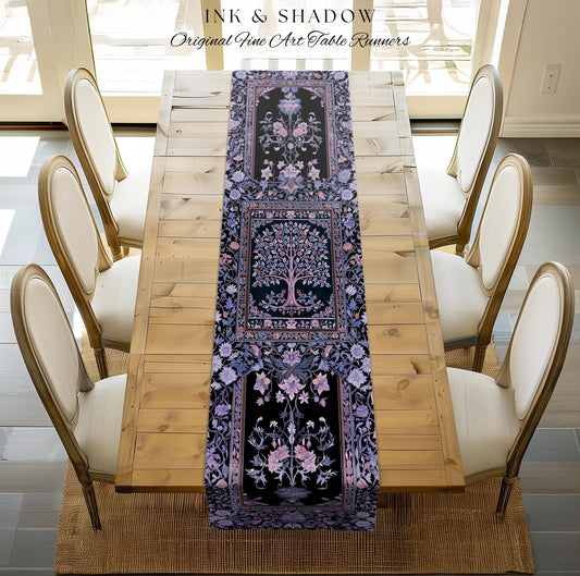 Whimsical Lavender Tree of Life Table Runner | Pastel Botanical Theme Romantic Cottagecore Decor Medieval Gothic Style Vintage Folk Art |