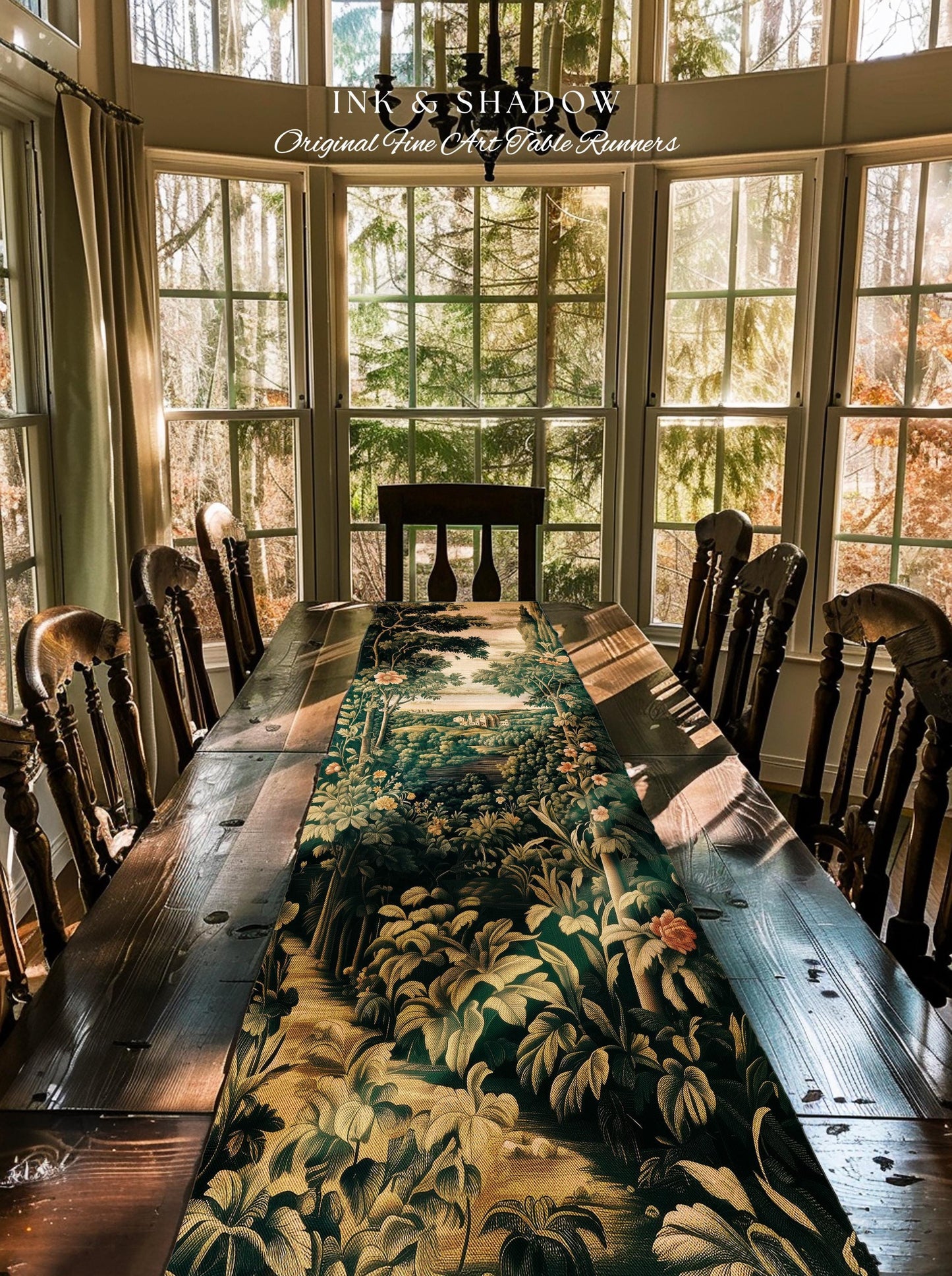Princess Medieval Table Runner | Rustic Floral Landscape Whimsigoth Castle Ethereal Dining Room Aesthetic Botanical Woodland Goth Romantic |