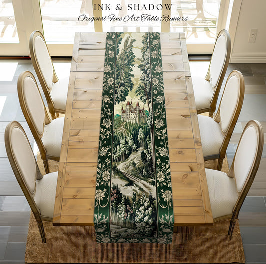 Medieval Castle Woodland Forest Table Runner Forestcore Dark Academia Fairytale Decor | Fairycore Magical Emerald Green Landscape Botanical
