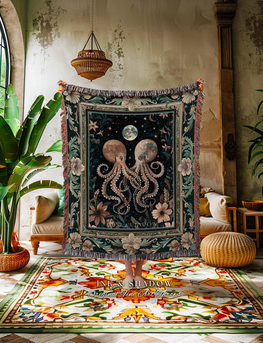 May include: A dark green tapestry throw blanket featuring a celestial octopus design with a full moon and stars. The blanket has a floral border and fringed edges. The text "INK & SHADOW Original Fine Art Throws" is visible at the bottom.