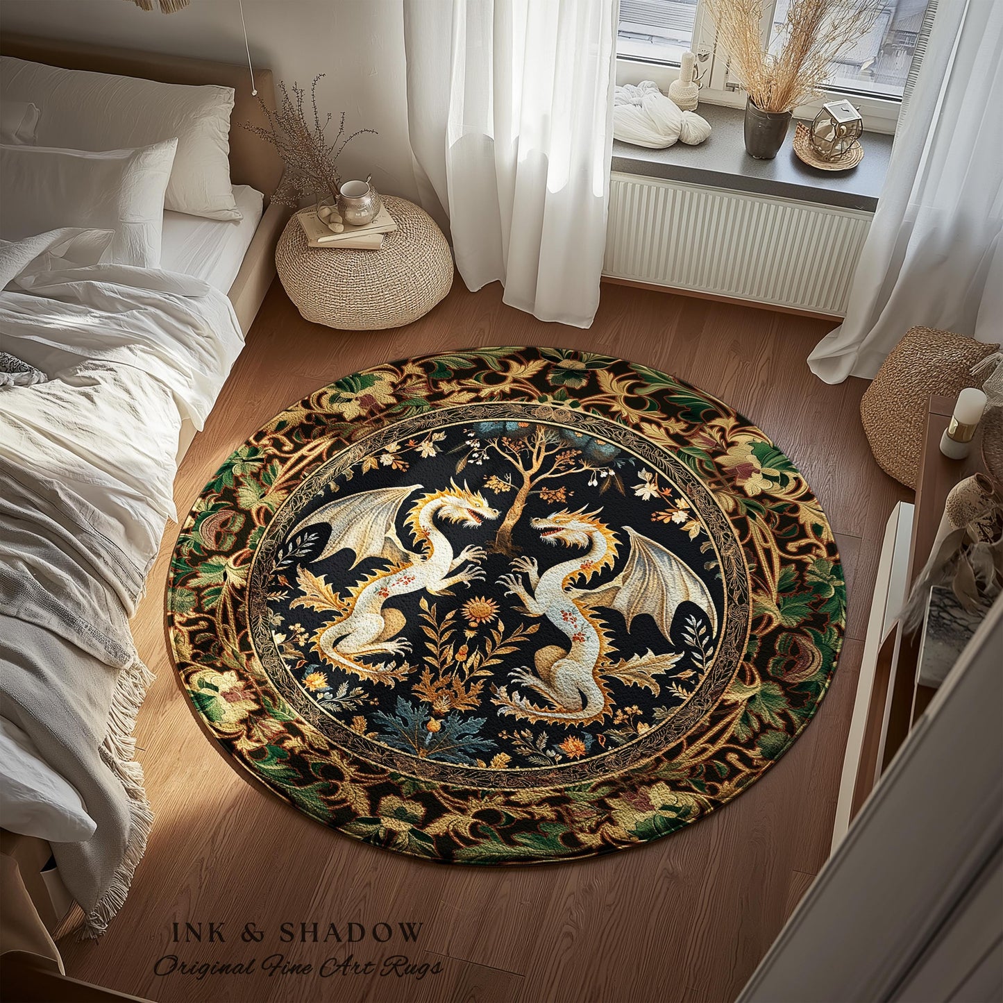 May include: Round rug with a black center featuring two white dragons facing each other, surrounded by a gold and green floral border. The rug has the text "INK & SHADOW Original Fine Art Rugs" at the bottom.