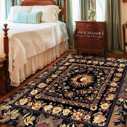 May include: A black area rug with a floral border and a central design featuring a sun and moon. The rug has a rectangular shape and is placed in a bedroom setting. The text "INK & SHADOW Original Fine Art Rugs" is visible.