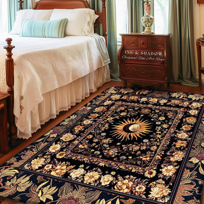 May include: A black area rug with a floral border and a central design featuring a sun and moon. The rug has a rectangular shape and is placed in a bedroom setting. The text "INK & SHADOW Original Fine Art Rugs" is visible.