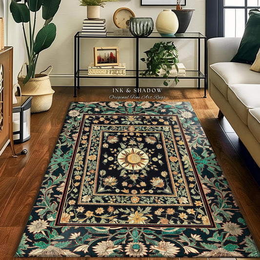 May include: A rectangular area rug with a black background and a floral design. The rug features a central sunburst motif and a border with green, yellow, and red accents. The text "INK & SHADOW Original Fine Art Rugs" is visible.