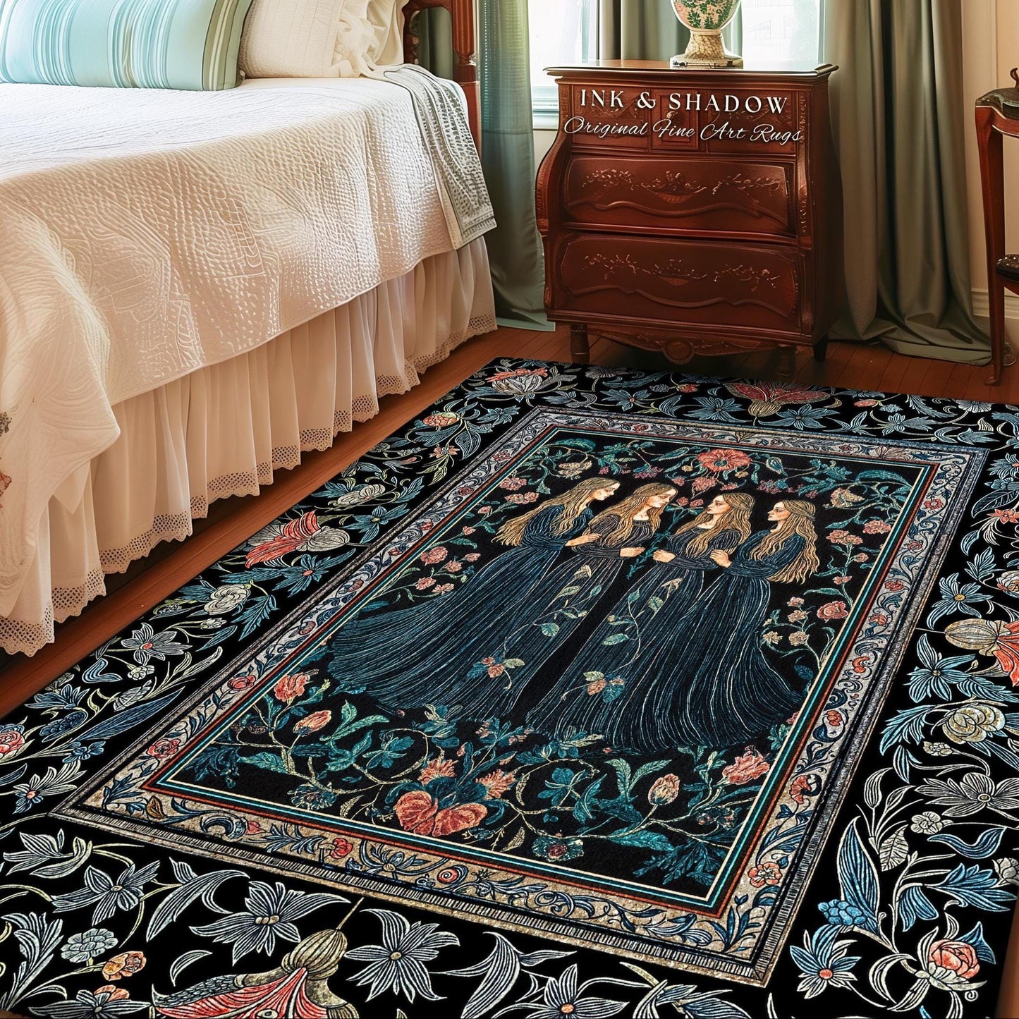 May include: A rectangular area rug with a black background and a floral border. The rug features a central design of four women in long blue dresses. The rug has a vintage aesthetic, with a color palette of blue, pink, and green.