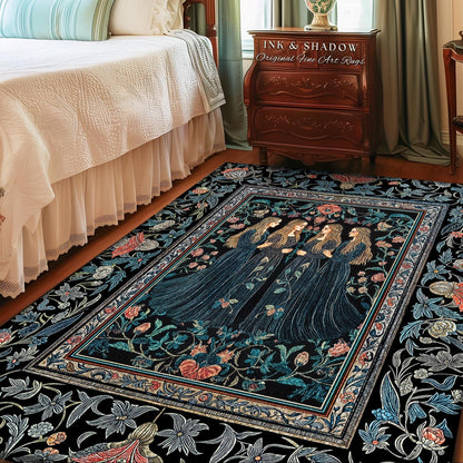 May include: A rectangular area rug with a black background and a floral border. The rug features a central design of four women in long blue dresses. The rug has a vintage aesthetic, with a color palette of blue, pink, and green.