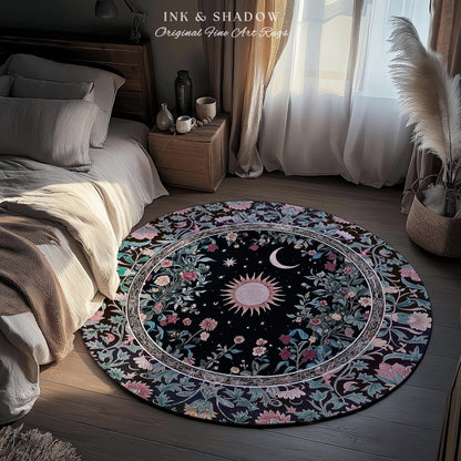 May include: A round black rug with a floral and celestial design. The rug features a central sun and moon motif surrounded by flowers and stars. The border has a floral pattern with pink, green, and blue accents. The text "INK & SHADOW Original Fine Art Rugs" is visible.